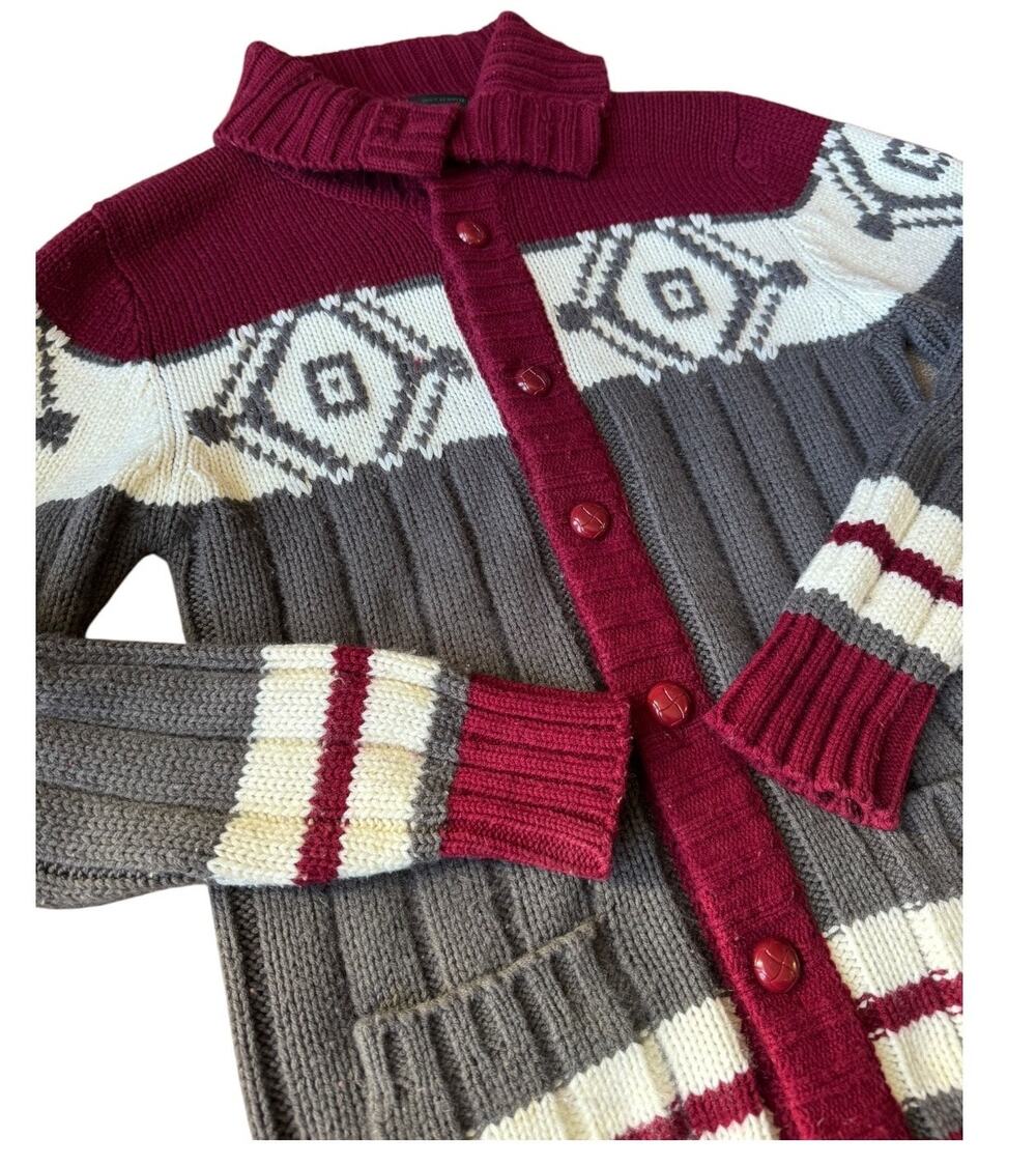 Vintage Retro Sigallo Knit Cardigan big collar, Gray, Maroon & Cream size medium
